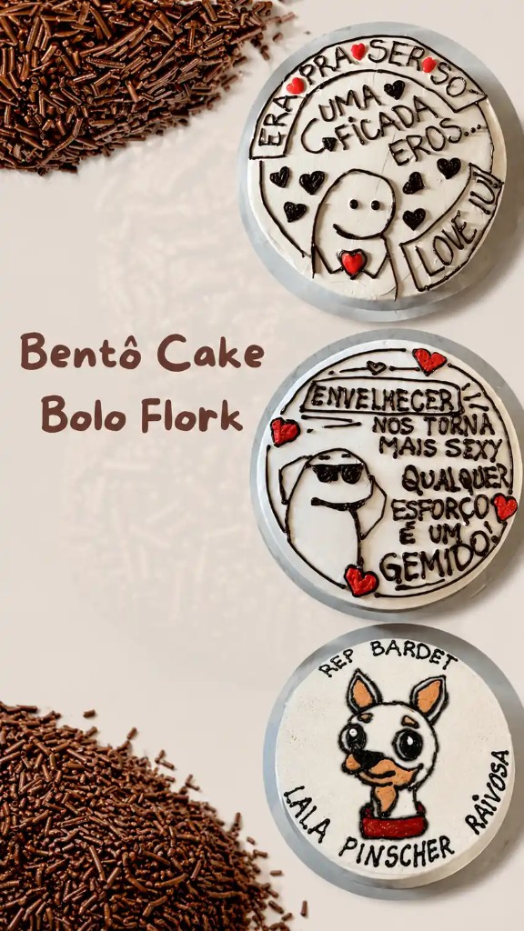 Bentô cakes personalizados com frases divertidas e visual instagramável — coleção Bolo Flork